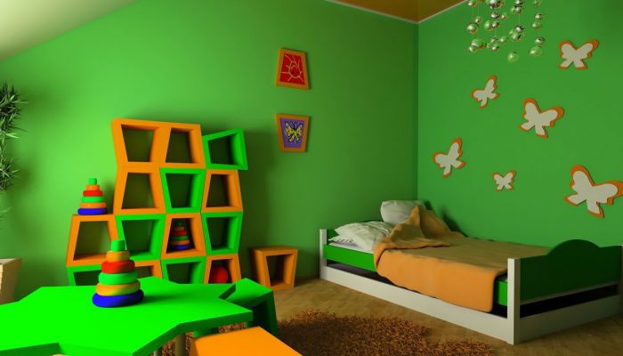 Обои салатового цвета в интерьере детской комнаты в фото