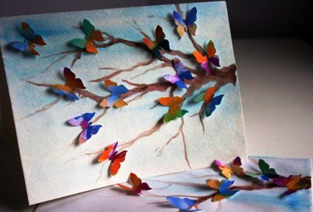 Объемная бабочка своими руками на открытку из цветной бумаги в фото