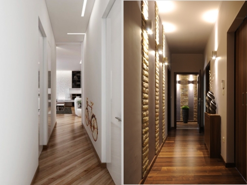 Дизайн интерьера узкого длинного коридора в фото