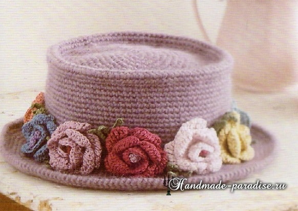 Вязание крючком шляпки с розами. Схема в фото