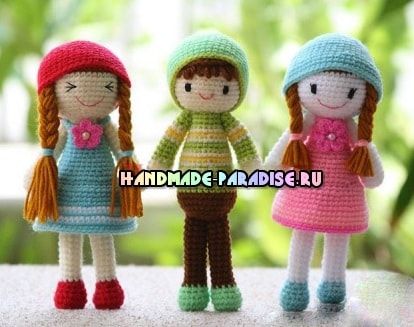 Три подружки — куколки амигуруми. Описание в фото