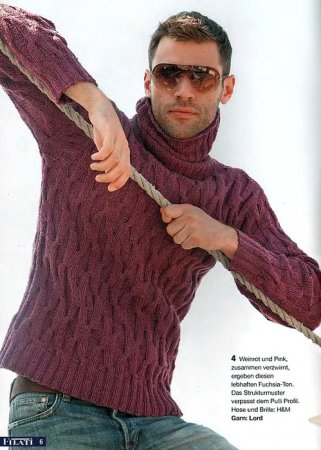 Мужской свитер с горлом: схема вязания спицами и описание в фото