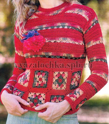 Весенний пуловер с мотивами крючком в фото