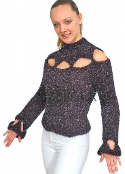 Оригинальный пуловер с узким горлом связанный спицами в фото