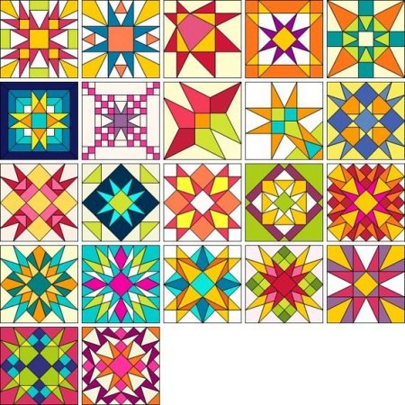 Большая подборка разноцветных блоков для лоскутного шитья, пэчворка и квилтинга в фото