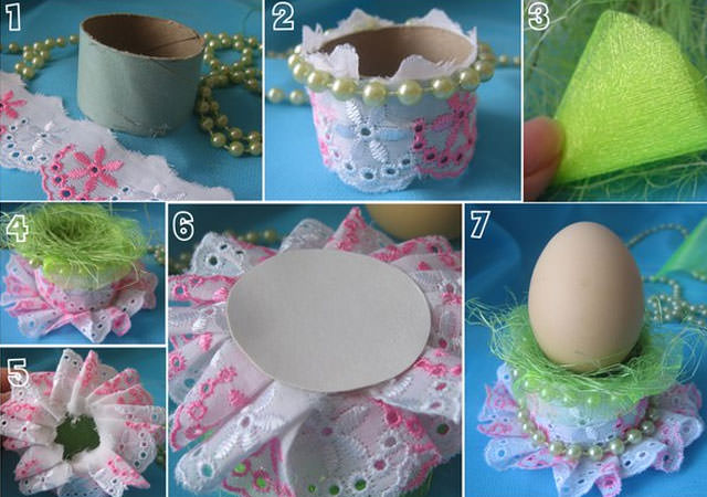 Подставка для пасхального яйца из газетных трубочек и из бисера в фото