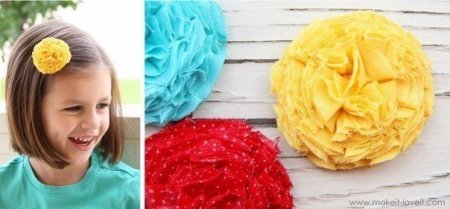Идея и мастер класс по шитью пушистого цветка для повязки на голову из ткани в фото