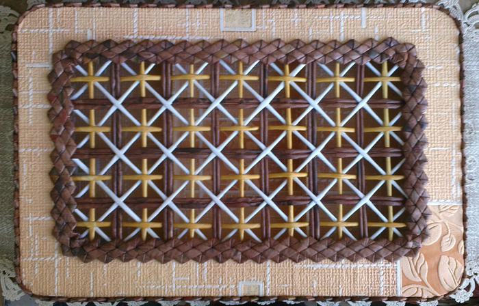 Плетение из газет крышки с цветным узором в фото