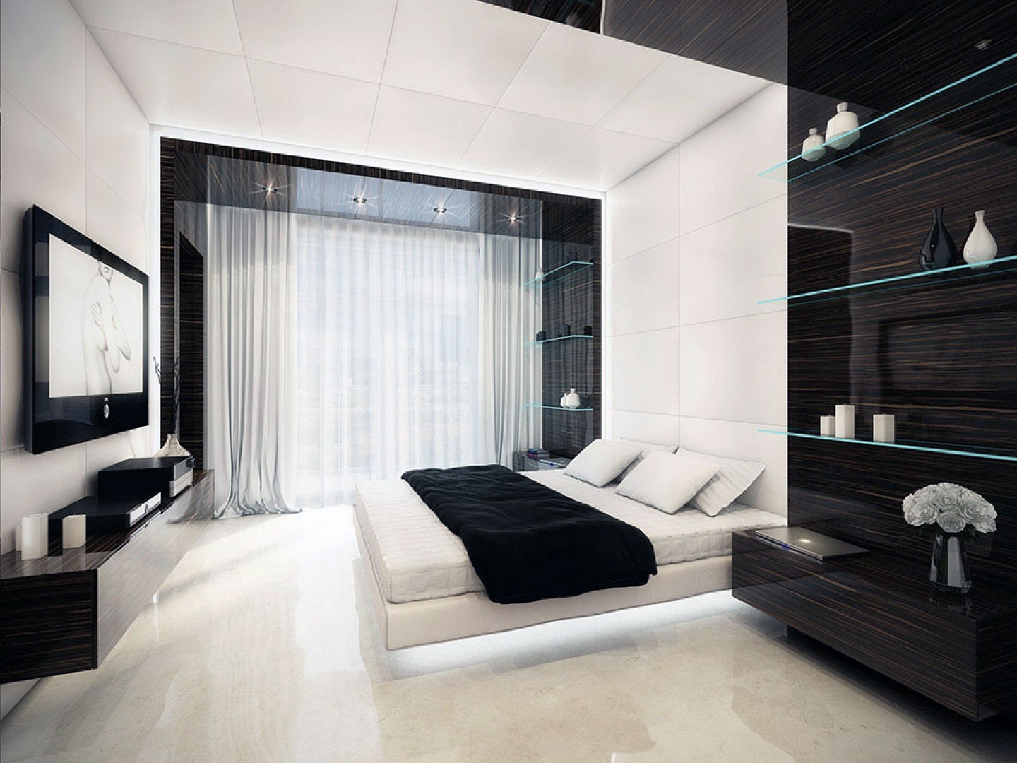 Dizajn spavaće sobe u sivim tonovima i crnoj boji, fotografija interijera