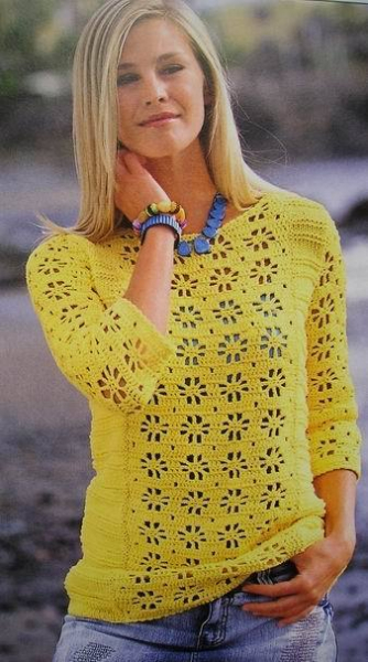 Вяжем красивый летний желтый пуловер 