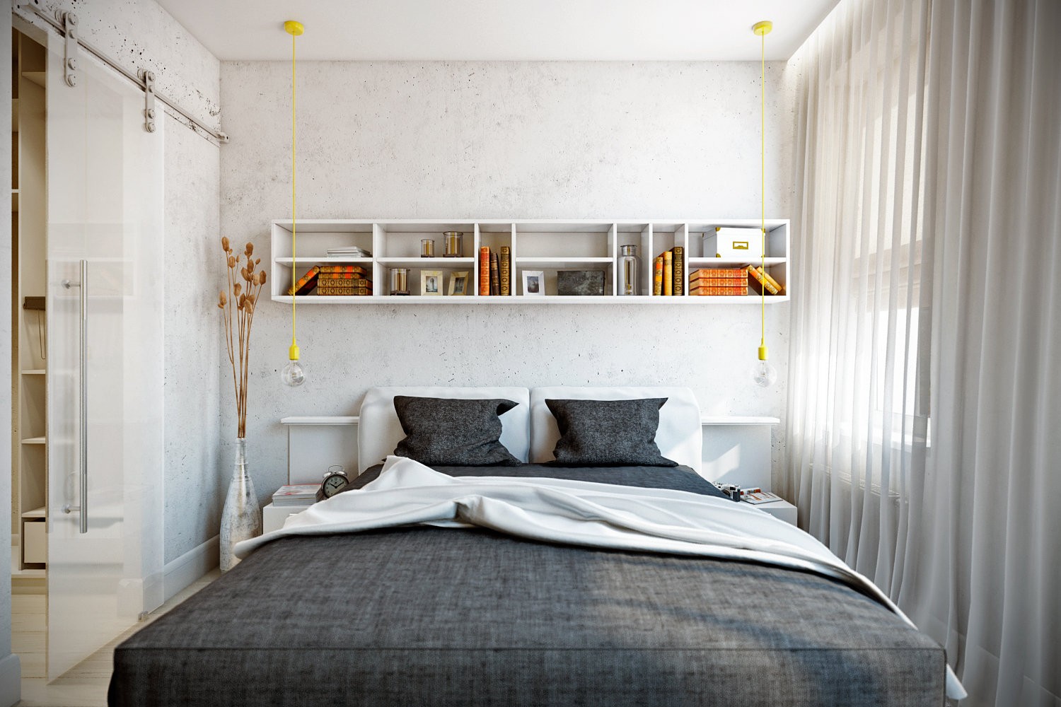 Спальня 13 кв.м в современном стиле со скандинавскими элементами