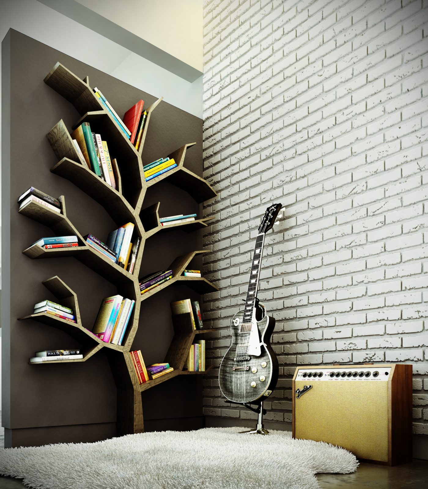 Книга в форме дерева. Дизайнерские полки. Книжные полки. Необычные книжные полки. Оригинальный декор стен.