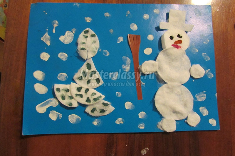 Аппликация "Снеговик" с шаблонами из бумаги и из ватных дисков