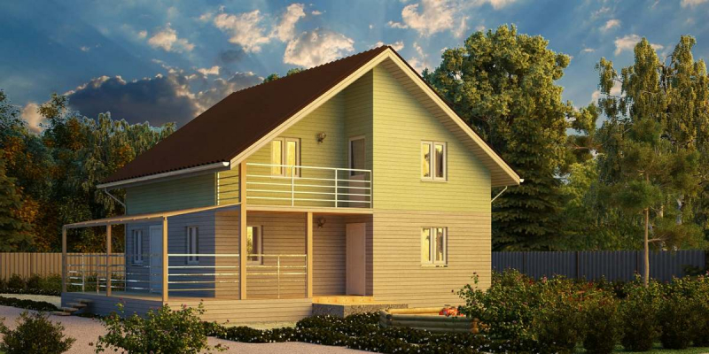 			Дом с балконом и террасой: проект каркасного строения		