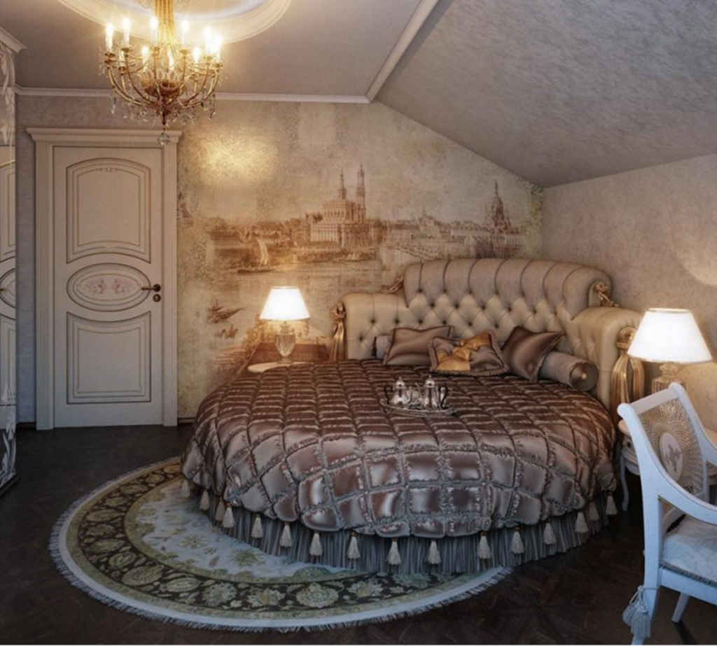 Круглый ковер в интерьере спальни классического стиля