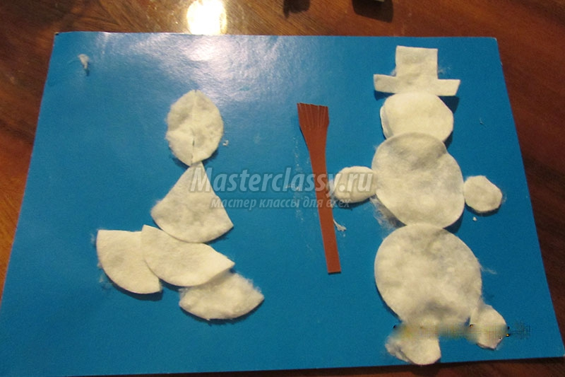 Аппликация "Снеговик" с шаблонами из бумаги и из ватных дисков