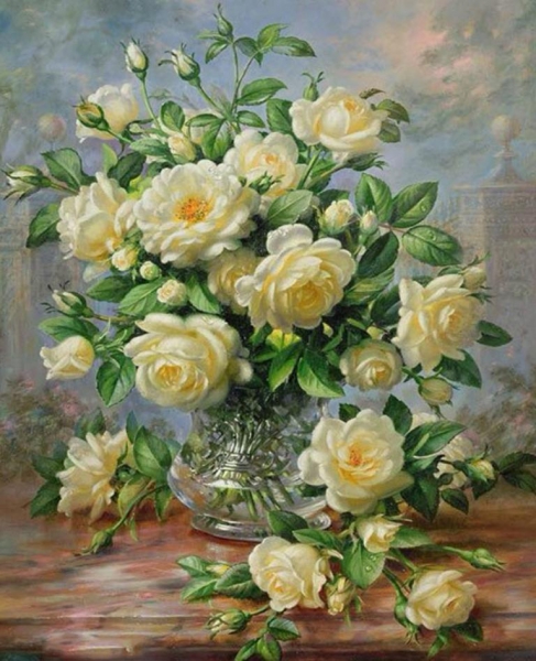 Вышивка крестом розы: наборы в корзине, букет белый в вазе, девушка для начинающих, триптих и бабочки