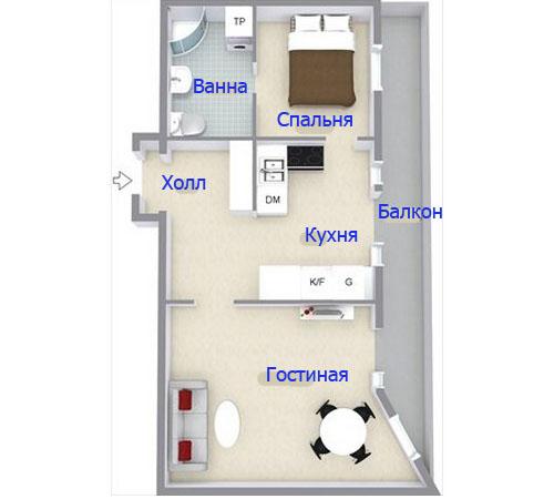 Дизайн интерьера двухкомнатной квартиры 45 кв.м