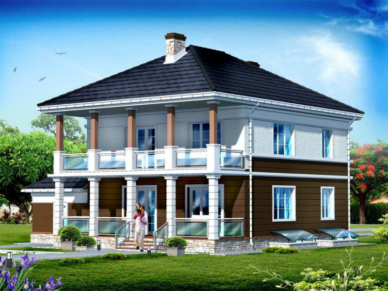 			Дом с балконом и террасой: проект каркасного строения		