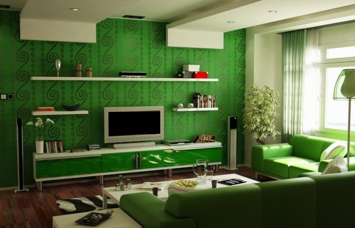 Обои зеленого цвета для большой гостиной комнаты