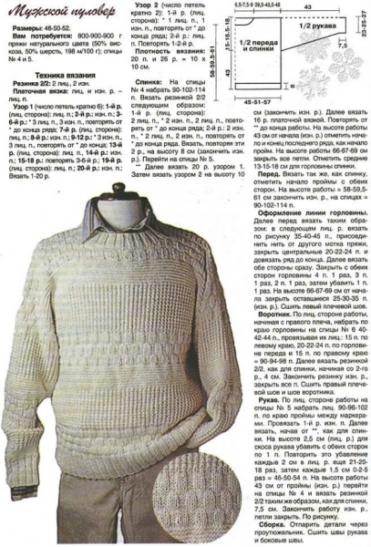 Белый мужской свитер спицами с описанием и схемами