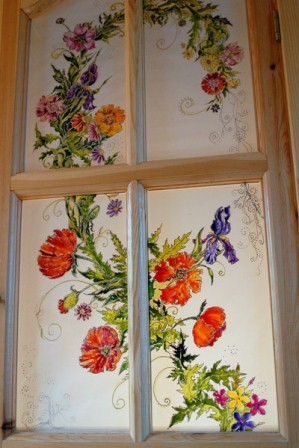 Витраж "Цветы" красками на стекле и на бумаге: эскизы с фото