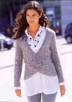 Ажурное вязание спицами женской кофточки: схема симпатичного пуловера с запахом