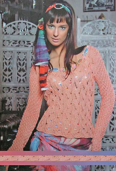 Вязание женского узорного пуловера спицами 