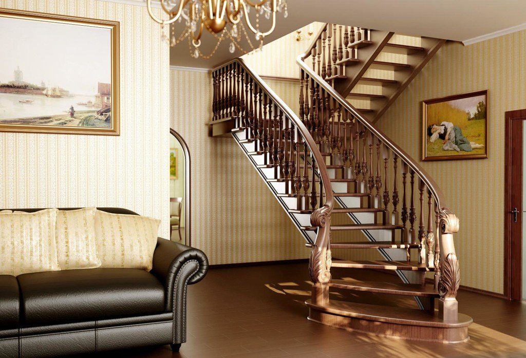 Лестница в гостиной в классическом стиле