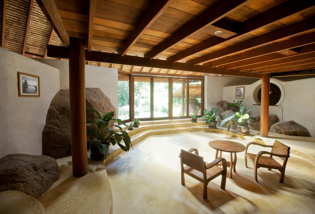 дизайн гостиной с отделкой камнем и деревом